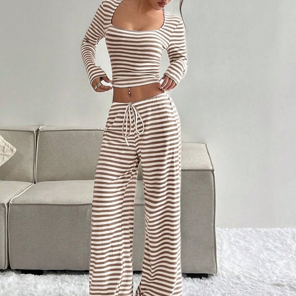 Casual Women's Striped Minimalist Long Sleeve Top & Tie Front pants set